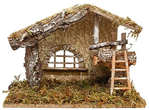 Village Nativity Tabletop Wooden Stable Creche for Christmas Nativity Set, 12 x 7 x 9, Made in Italy