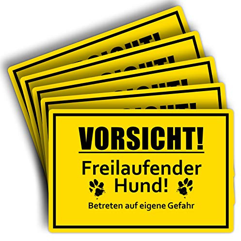 STROBO 5 Stück Vorsicht! Freilaufender Hund! Hinweisschild | Stabile 3mm Hartschaumplatte als 30x20cm Schild mit UV-Schutz für den Außenbereich