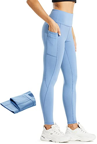 Comallan Damen Winter Thermo Leggings, Wasserdicht Lauf Sport Tights Laufhose Wanderhosen Training Hose Mit Fleece gefüttert und Taschen, Dunstblau M