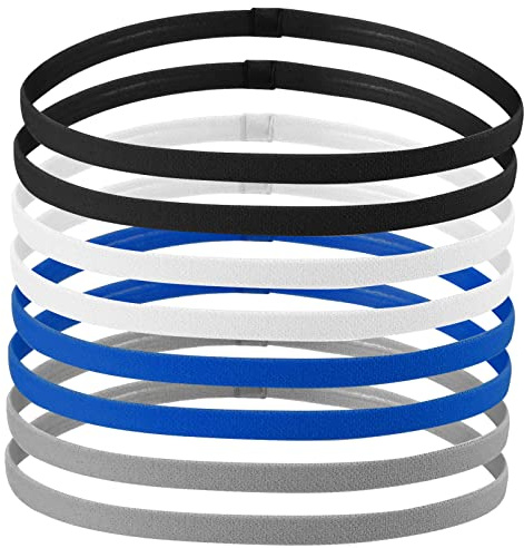 Cozlly 8 pcs Sports Headband for Boys, Elastic Sports Hairbands Non Slip, Thin Headbands for Men, Silicone Grip Sport Hair Band for Football Running Yoga Workout, Black, White, Blue, Gray