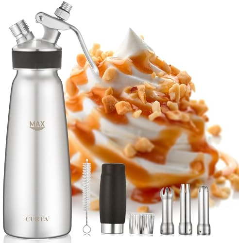 CURTA Stainless Steel Professional Whipped Cream Dispenser, Leak-Free Cream Whipper, Cream Maker with 3 Decorating Tips & Cleaning Brush, 500ml / 1 Pint Canister, N2O Charger (Not Included)