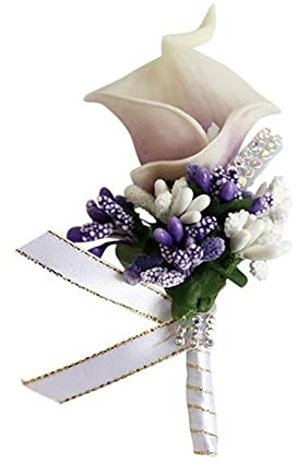 SHTGOI Calla Lily Boutonniere Künstlicher Blumenstrauß Strass Brosche Handgefertigte Ansteckblume mit Sicherheitsnadel Blume Corsagen Hochzeit Zubehör für Braut Bräutigam Weiß Lila