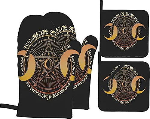 Köksvantar trippel gudinna pentagram av Wiccan värmebeständiga vantar och grytlappar set nyhet ugnshandske grytlapp för kökstillbehör bakgåvor