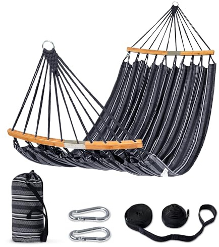 SUNCREAT Hängmattor dubbel hängmatta med böjd spridare stång, utomhus camping bärbar hängmatta med bärväska och trädremmar för uteplats, trädgård, balkong, max 204 kg kapacitet, mörkgrå