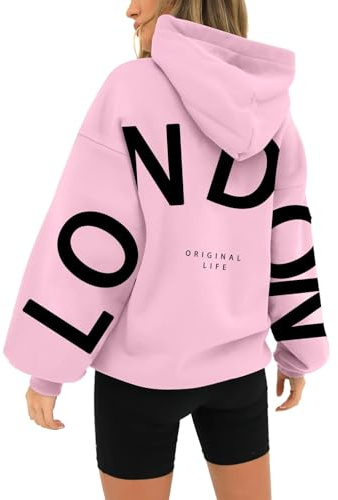 Uwdiohq Damen Pullover Mit Kapuze Aufdruck Auf Der Rückseite Einfarbige Hooded Hoodie Y2K Vintage Sweatshirt Casual Langarmshirt Mit Taschen Warme Bequem Kapuzenpullover Große Größen Damen