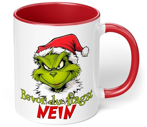 True Statements Lustige Grinch Tasse „Bevor du fragst Nein“ – witzige Grinch Figur Geschenkidee für Weihnachten - lustige Kaffeetasse - Keramik, ca. 330ml, Rot