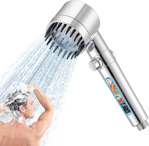 Hard Water Filter Shower Head, 3+1 Spray Jet Modes High Pressure Handheld Massage Shower Filter for Residual Chlorine Remove (Silver)