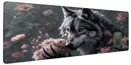 Mauspad XXL 1200x600mm Wolf Mousepad Groß Schreibtischunterlage Blume, Gaming Mauspad Gadgets Schreibtisch Zubehör, Wasserdicht Mouse Pad rutschfeste Vernähte Kanten Verbessert Geschwindigkeit K-4