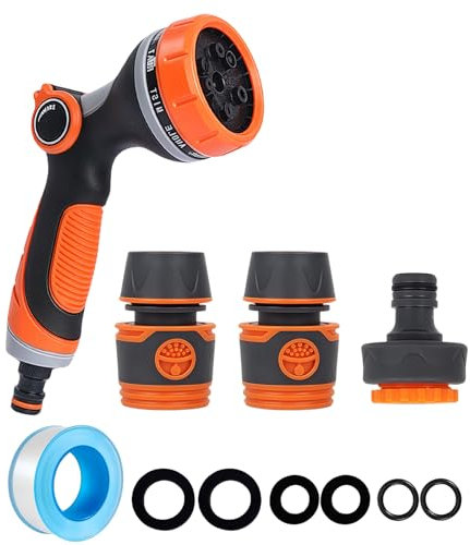 Garden Hose Pipe Spray Gun,Garden Hose Nozzle with Tap Hose Connectors Fittings Set,Multi Adjustable Patterns High Pressure Water Hose Spray Gun for Garden Plants,Pets Bathing,Car Cleaning
