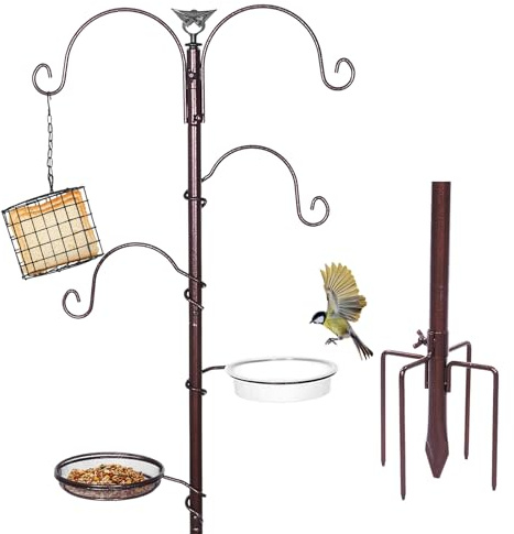 Mangeoire pour oiseaux avec support en métal - Mangeoire pour oiseaux avec crochet de berger - Station de nourriture pour oiseaux debout - Pour lanternes, cages à oiseaux, paniers à plantes