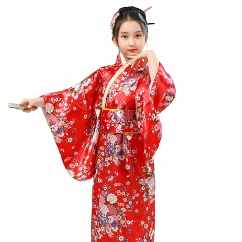 JIAHG Kids Girls Silk Satin Kimono Robe Traditional Sakura Print Long Yukata Kimono Japanese Outfit for 3-6 Years