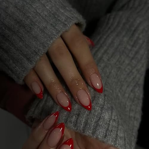 KQueenest Soft Gel Press On Nails French Tip - 30 Stück Rot Nägel zum Aufkleben Kurz Mandel, Natürlich Fake Nails Künstliche Fingernägel, Rot Acryl Full Cover French Nägel für Frauen