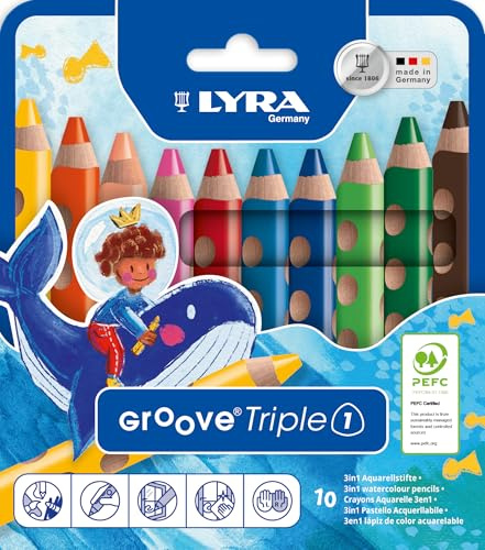 LYRA Groove Triple 1 3in1 Stifte lackiert Kartonetui 10 Stk. | Holzbuntstift, Wachskreide, Aquarellstift, dreikant, Mine 10mm, ergonomischer Naturgriff