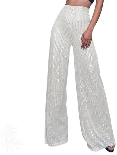 Generiskt paljetttäckt palazzobyxor med hög midja och vida ben för kvinnor, avslappnade, glittrande festbyxor med vida ben och glittereffekt, perfekt för klubb och fritid, SILVER, 3XL