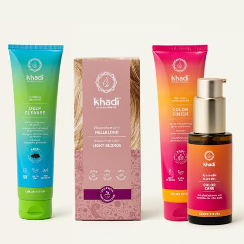 khadi Pflanzenhaarfarben ColorCycle Bundle – HELLBLOND Pflanzenhaarfarbe + Deep Cleanse Shampoo + Color Finish Conditioner + Color Care Haaröl