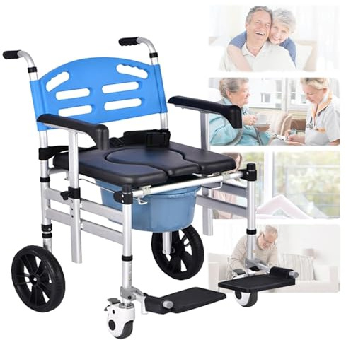 Silla de ducha con ruedas, silla de ducha con ruedas, silla de inodoro con cubo extraíble, soporta hasta 350 libras para baño o dormitorio