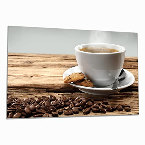 Wallario Herdabdeckplatte/Spritzschutz aus Glas, 1-teilig, 80x52cm mit 8 mm hohen Füßen, für Ceran- und Induktionsherde, Heiße Tasse Kaffee mit Kaffeebohnen