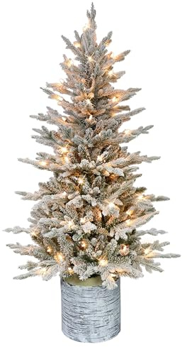 Puleo International 4.5ft Pre-Lit Potted Flocked Arctic Fir Christmas Tree with 70 Clear Lights, 419 Realistic Dense Snow Flocked Branch Tips, Easy Setup Artificial Trees with Sturdy Stand