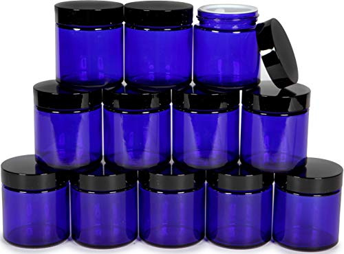 Vivaplex, 12, Cobalt Blue, 4 oz, Round Glass Jars, with Inner Liners and Black Lids