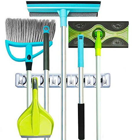 Guay Clean Broom and Mop Holder - Garden Tool Organizer - Home Storage Utility Rack- Strong Grip Hangers with Foldable Hooks - Heavy Duty Wall Mounted Shelf System - Fixed