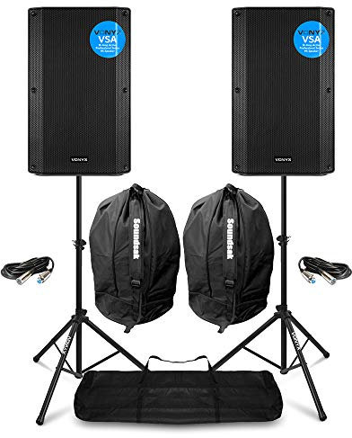 Vonyx VSA12 Active DJ Speakers Pair 1600W Bi-Amplified PA System with Stands, Protective Bags and Cables - 12 Inch Powered Speaker Set for Live Sound, Stage Events & Mobile DJs