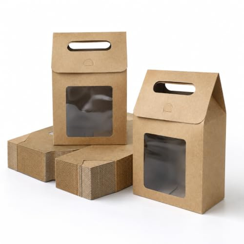 Emartbuy 24 Stück braune Kraftbeutel mit Sichtfenster Tragegriff 27 x 16 x 9 cm | Umweltfreundliches, recycelbares Material, perfekt für Einzelhandel, Veranstaltungen, Großartikel und Großhandelsverpackungen