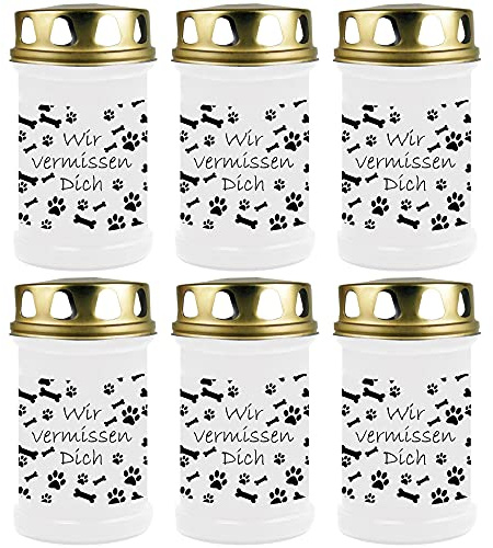 HS Candle Grabkerze Grablicht - 6er Pack - (Hund Knochen) - ca 48h / 2 Tage Brenndauer je Kerze (14,5cm, Ø 7cm) - viele versch. Designs