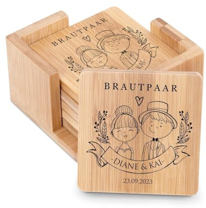 Maverton 6er Untersetzer Set mit Gravur - personalisiert - aus Bambus - mit Halter - Geschenke für Paare - Hochzeitsgeschenke - Geschenkidee für Duos - Naturfarbe - Brautpaar