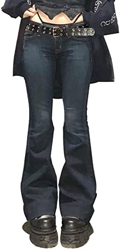 Y2K Jean taille basse évasé pour femme Coupe droite ample Style gothique, noir foncé, M