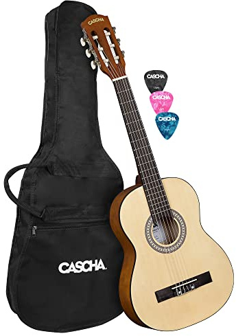 CASCHA Student Series Konzertgitarre 1/2 aus Edelholz Kombination-Gitarre Kinder& Erwachsene mit Nylon Saiten-Perfekt für Einsteiger geeignet-inkl. 3 Plektren& gepolsteter Tasche, Natur, matt, HH 2354