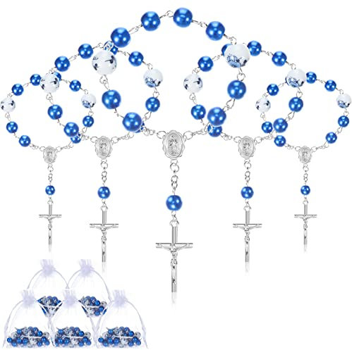 Yinkin 50 Stück blaue Tauf-Mini-Rosenkränze enthalten 25 Stück blaue Tauf-Baby-Rosenkranz und 25 Stück Organza-Beutel, Taufgeschenke, Baby-Taufgeschenke für Erstkommunion, Dekorationen, Party