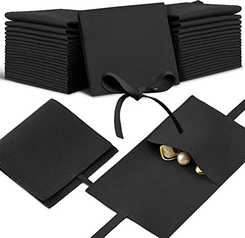 Lothee 40 Pcs Microfiber Jewelry Pouch 8x8 cm Jewelry Packaging Luxury Small Gift Bags Bow Tie Microfiber Bag for Bracelet Necklace Packaging,Envelope Style with String and Divider(Black)