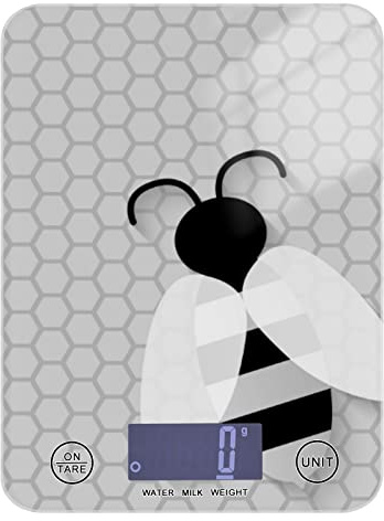 Isolated Bee on Honeycomb Hexagon Vintage Black White Pattern Tempered Glass Kitchen Scales, Digital Weight Grams and Oz Food Scales for Cooking Baking Meal Prep Home Weight Loss Health Diet
