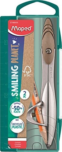 Maped - Study Smiling Planet Zirkel mit Universalring – Der verantwortungsvolle Zirkel – Estrich und Schrauben aus 50% FSC-zertifizierten Holzfasern – Zweige aus Metall – ab 10 Jahren