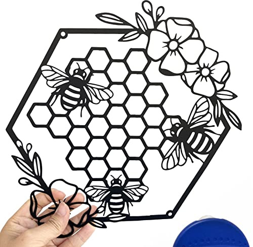 Yuzhuo Metal Bee Wall Art Farmhouse Honey Bees and Hives with Flowers Metal Wall Decor Hanging for Living Room Garden Bedroom Office Home Wall (Black)