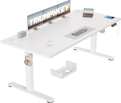 TRIUMPHKEY Scrivania Elettrica Regolabile in Altezza, 180 x 80 cm, 3 Funzioni Memoria, Porta USB, Con 2 ganci, Tavola Splice Standing desk, In Piedi Adatta Per Casa E Ufficio, Bianco+Bianco