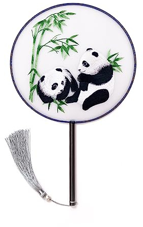 Floatdream Handfächer im Chinesischen Stil mit Panda Stickerei, Chinesischer Retrostil Fächer, Handfäche, Wird zum Kombinieren von Hanfu, zum Fotografieren und zum Abkühlen Verwendet