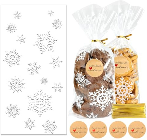Kekstüten Weihnachten Plätzchentüten Cellophantüten Zellophantüten: 100 Tüten zum Befüllen Plätzchentüten Weihnachten Tüten Geschenktüten Schneeflocke für Snacks