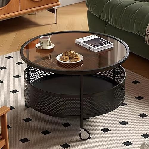 Glass Coffee Table with Caster Wheels, 2 Tier Round Tea Table with Iron Hollow Storage Basket, Modern Sofa Center Table for Home Office, Décor Accent Cocktail Table Mesa de Centro para Sala (Color :