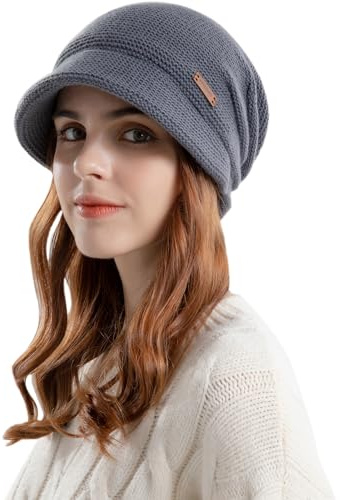 Enwokran Gorros de Punto con Visera para Mujer, Invierno Gorro de Suave y Elástico Cálido de Tejida Lana para Correr, Esquí, Ciclismo, Escalada etc (Gris Oscuro)