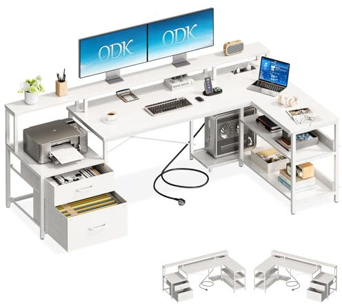 ODK Bureau d’Angle en L avec Rangement et Tiroirs, 172.5×100cm, Blanc