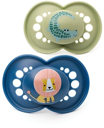 MAM Original Dummies, 18-36M, 2 Pack, Orthodontic Design, Blue/Green | SkinSoft Silicone Teat, Comes in Dummy Steriliser Case, Sustainable Materials, Baby Accessories (Designs Vary)