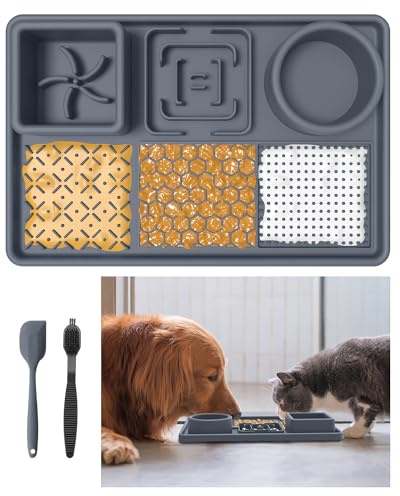 3 in 1 Slow Feeder Dog Bowls,Water Bowls, Feeding Mats for Dogs With 52Pack Strong Suction/1 Brush/1 Spatula ECO Friendly Material for Dogs and Cats Elevated Dog Bowls Home Travle Useable Gray