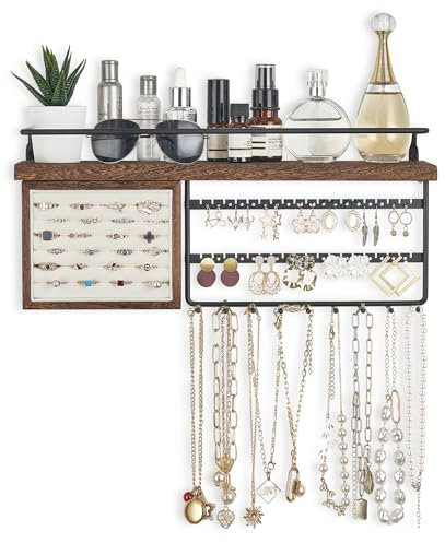 Mkono Hanging Jewelry Organizer Wall Mounted Necklace Holder with Rustic Wood Shelf, Ring Display Box, Ear Studs Earring Holder Bracelet Organizer