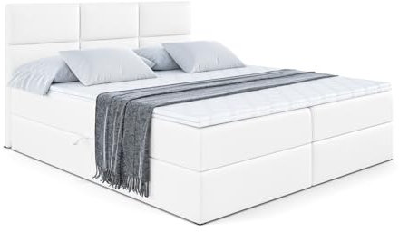 ALTDECOR Boxspringbett mit Matratze und Lattenrost, Boxbett, Topper, Polsterbett mit Bettkasten, Bett mit Stauraum H4-Matratze, Doppelbett, Springboxbett Ohio - 120x200 Weiß Kunstleder