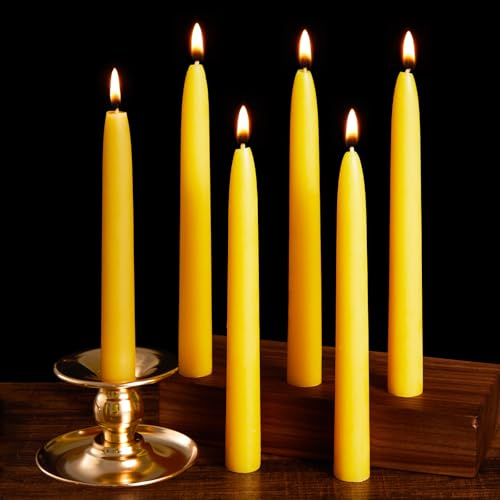 Ashlux Bienenwachs Stabkerzen & Spitzkerzen – 6 Stück Gelb, handgemacht, 8 Std. Brenndauer – tropffrei, rußfrei & geruchsneutral – für Weihnachten, Hochzeit, Meditation & Alltag