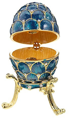 WRITWAA Vintage Blue Enameled Egg Trinket Box Rhinestones, Small Alloy Jewelry Organizer and Vanity Decor Accessory for Dresser Display