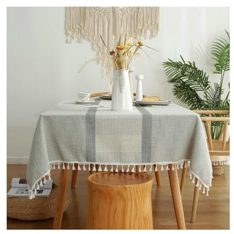 BCughia Tischdecke 140x200 Grau, Tischdecke Wasserabweisend Rechteckig Polyester Streifen mit Quasten Tischbedeckung für Küche Esstisch Dekoration