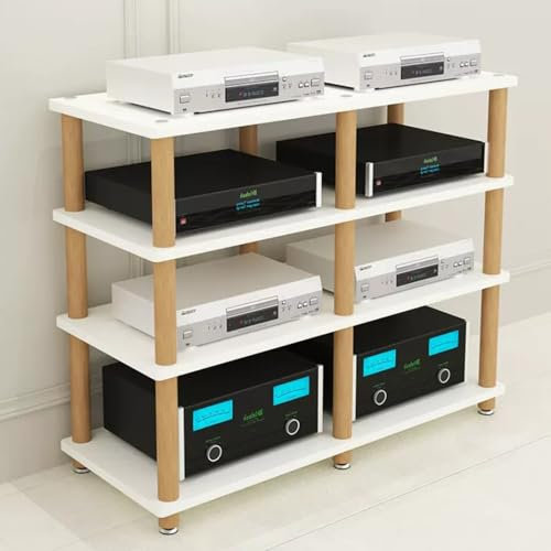 ZIUSFAC 4-stöckiges HiFi Regal Audioständer Plattenspieler Regal Holz AV-Medienständer Wohnzimmer Audio-/Video-Medienständer 2/3 Ablagen Tower Für Netzwerk-Server(White,4 Tier-120x48x89cm)