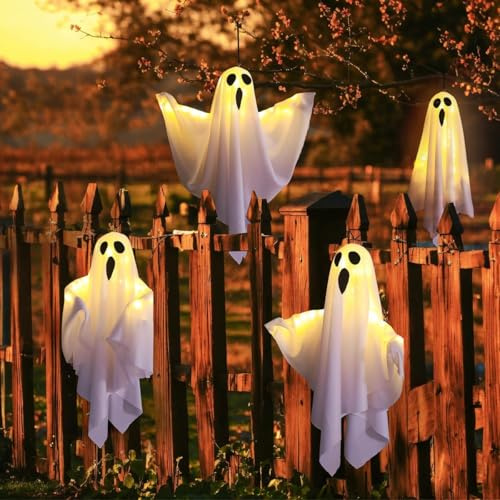HuaMuDM 4 Stück Geist Hängen Geistergesicht Mit Lichter, LED Hängende Geister, Halloween Deko geister, Halloween Geister Mit LED Lichtern, Hängende Geister Dekorationen